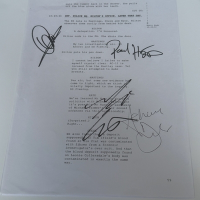Line of Duty Script page signed by Paul Higgins, Adrian Dunbar, Vicky McClure and Martin Compston